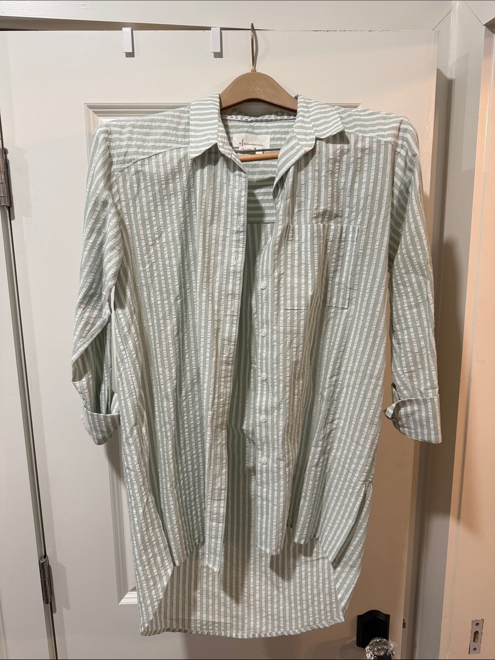 Anthropologie Long Light Green Stripe Button-Up Shirt - womens